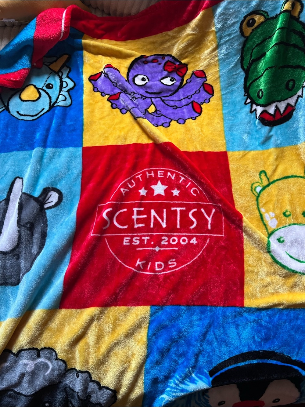 Scentsy Kids Red, Yellow, Blue & Green Patchwork Animal Throw